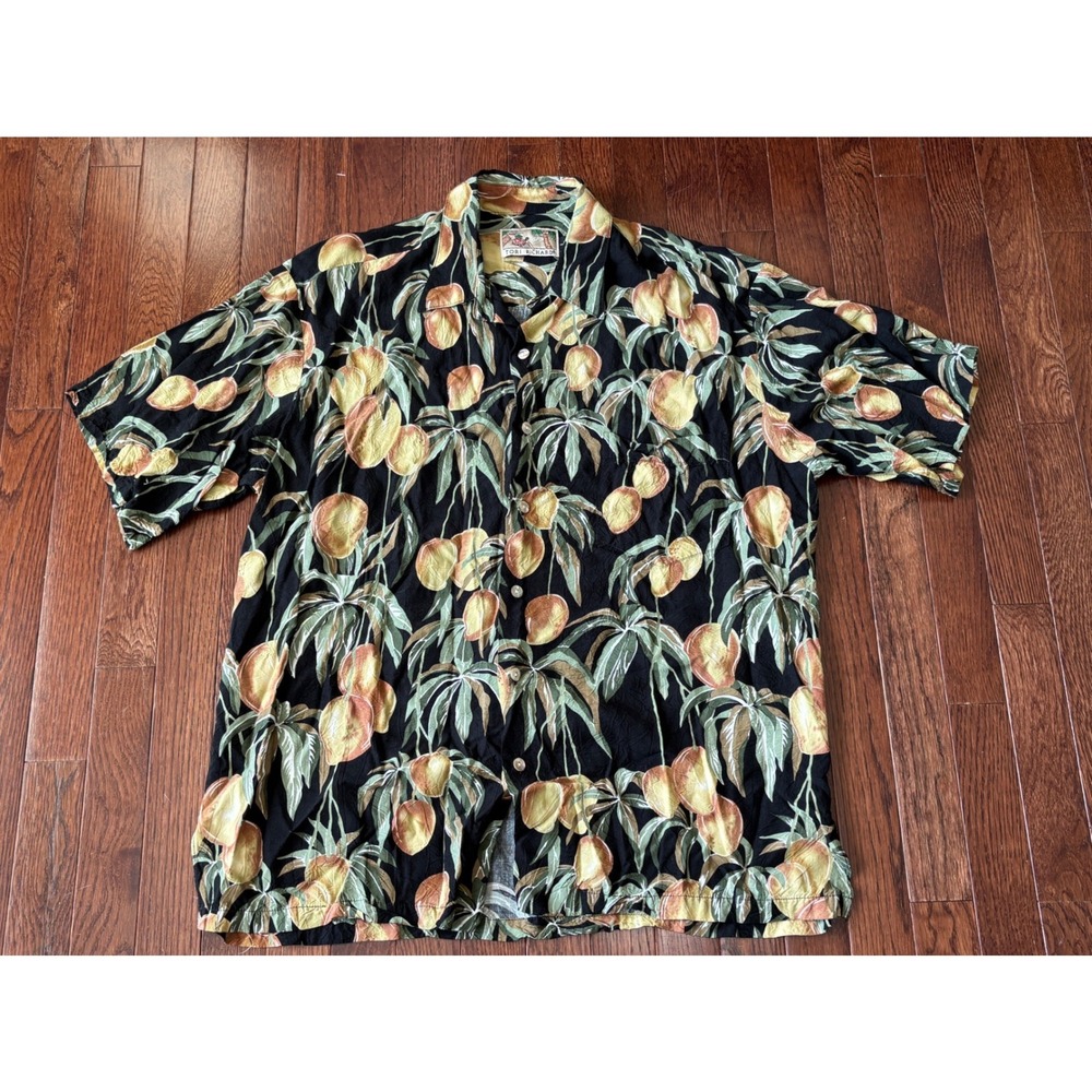 Tori Richard Mens L Aloha Shirt Black Mango Palm Fruit Print Rayon Made Hawaii